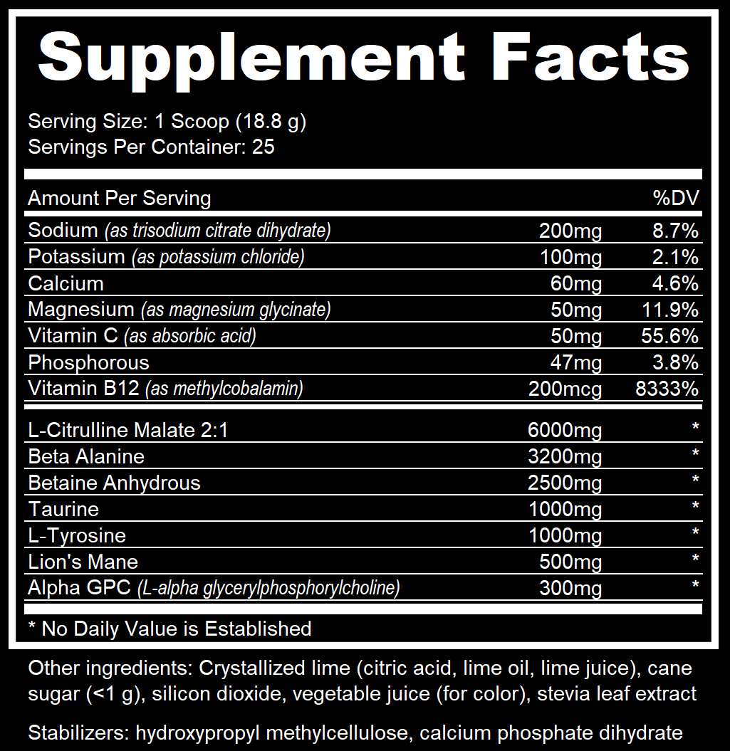 Supplement facts label with various nutrients listed on a black background