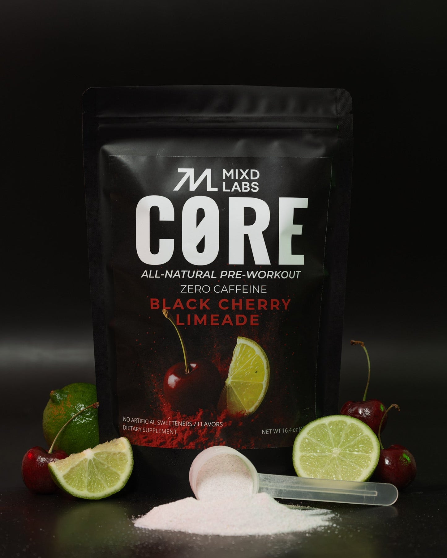 Mixed Labs Core pre-workout powder package with black cherry limeade flavor on a dark background.