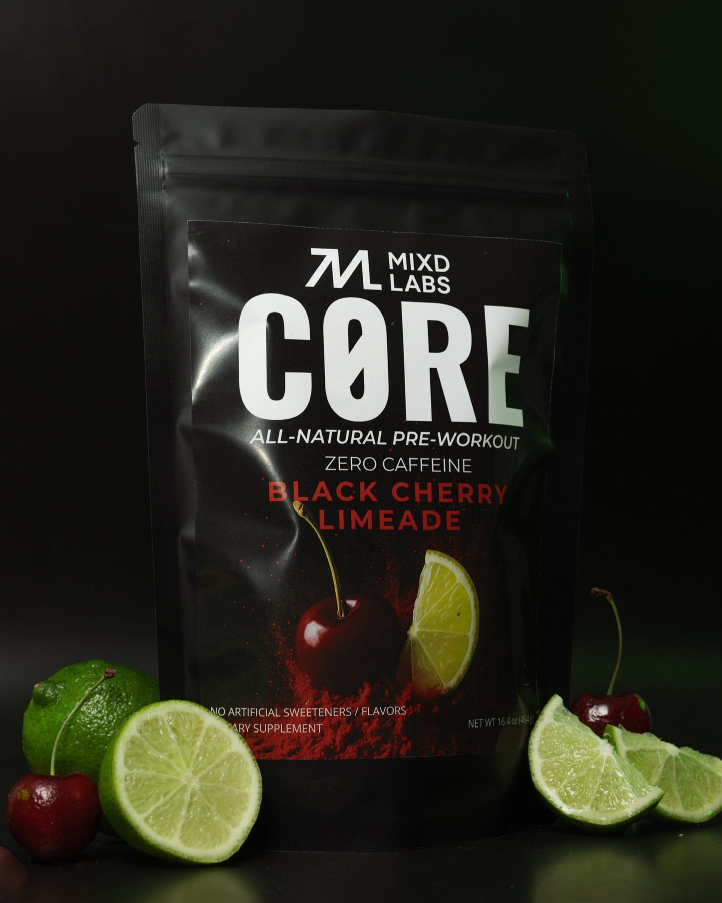 Mixd Labs Core pre-workout supplement packaging with black cherry and limeade flavor on a dark background.