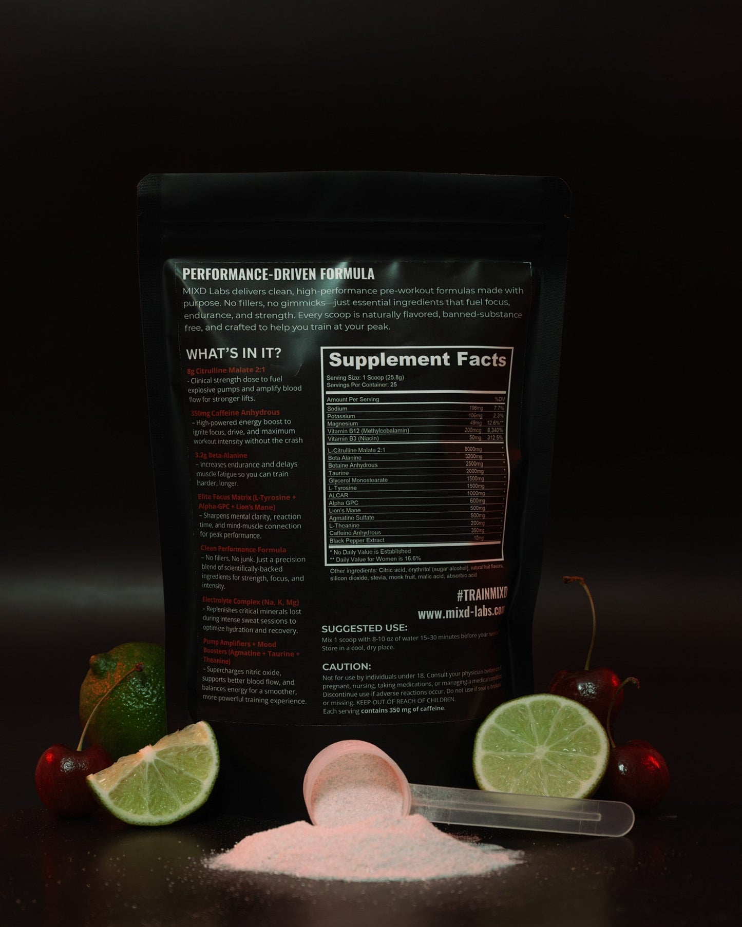 Supplement package with lime and cherry on a dark background