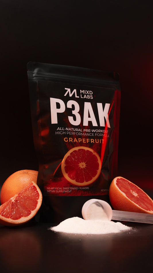 Mixd Labs P3AK Grapefruit pre-workout supplement packaging with grapefruit slices on a dark background