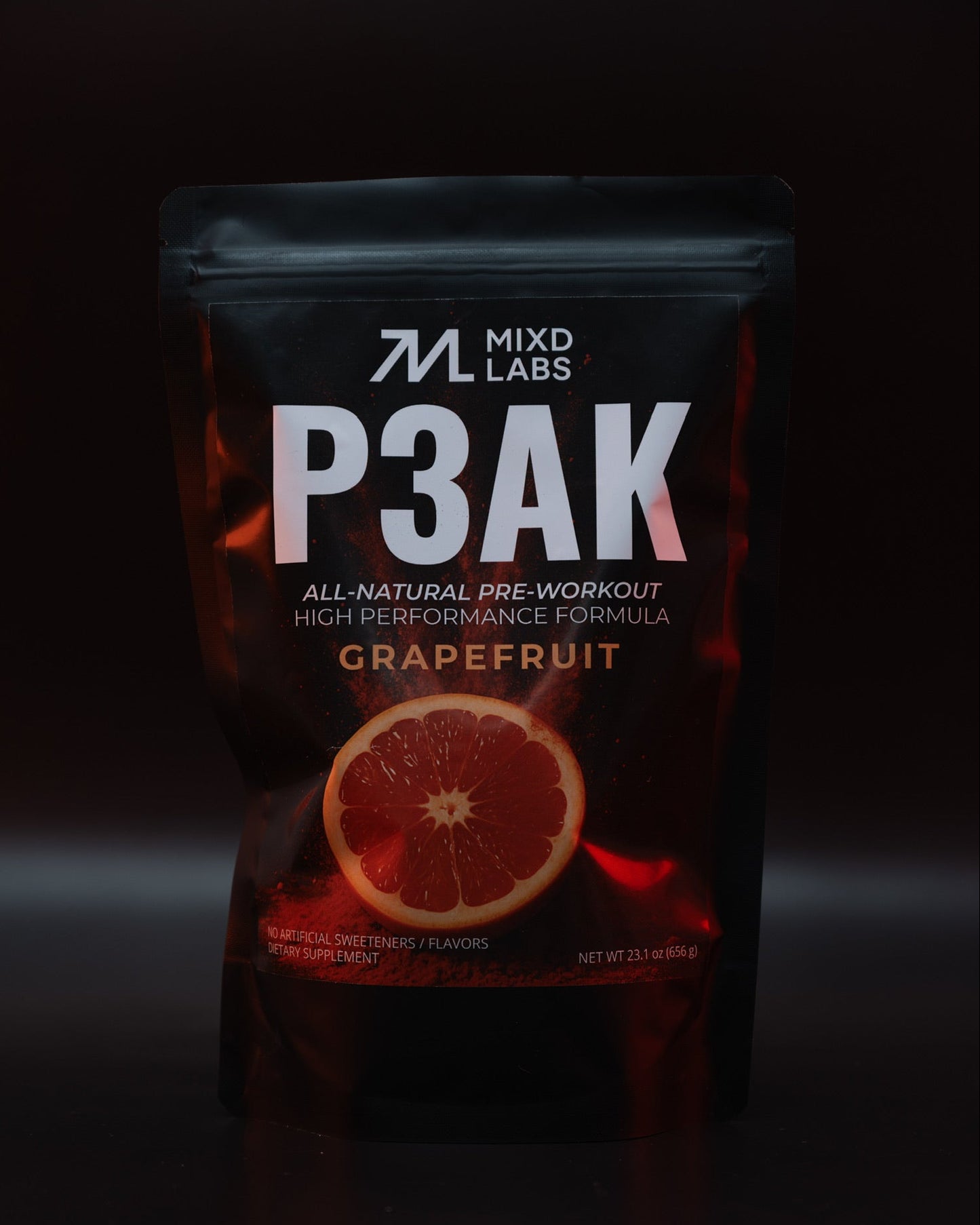 Mixd Labs P3AK pre-workout supplement package with grapefruit flavor on a dark background