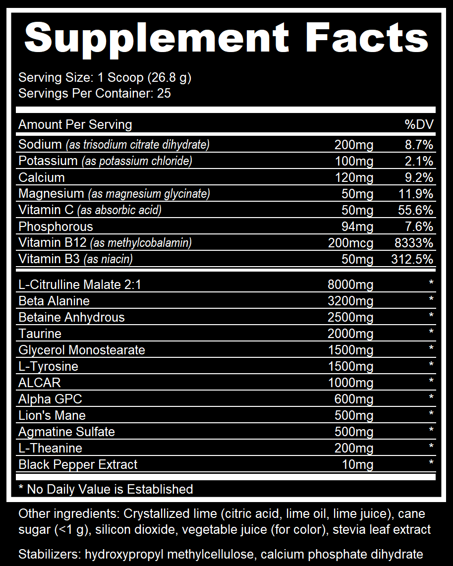 Supplement facts label with various nutrients listed on a black background
